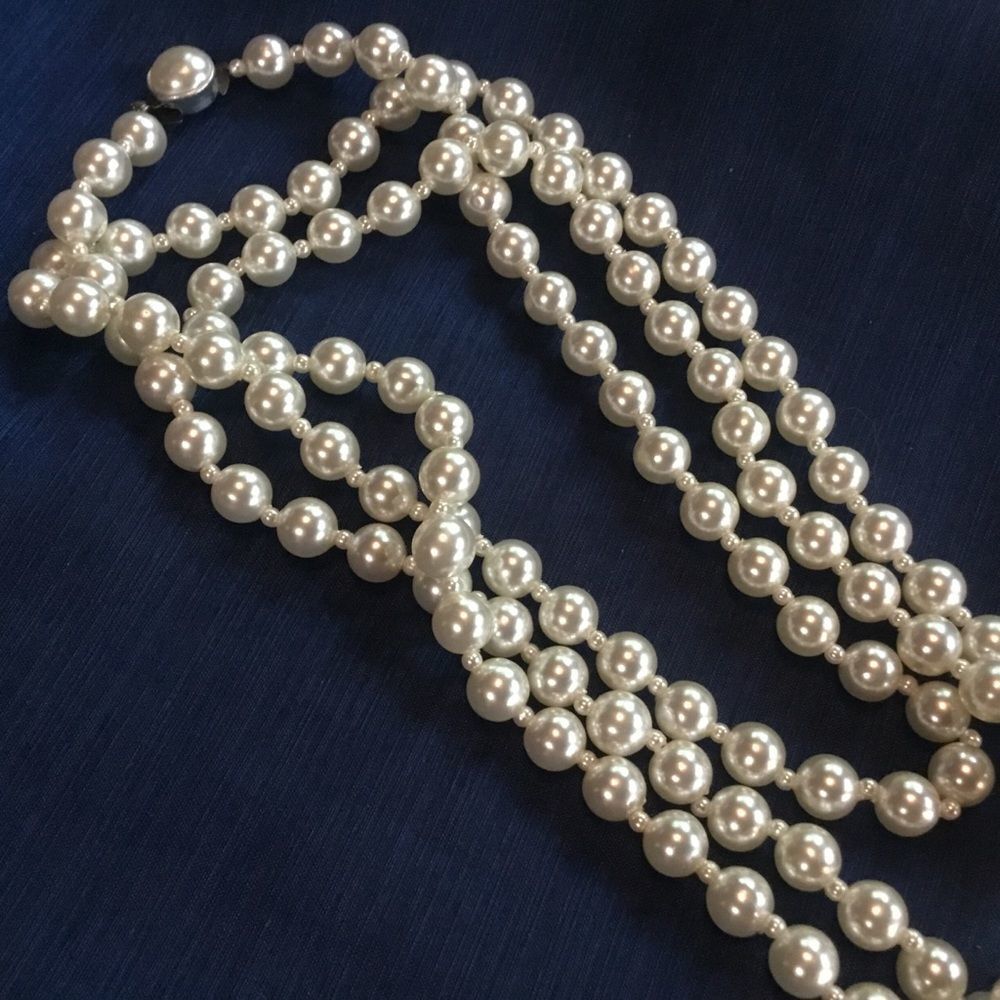 Long Faux Pearl Necklace with Silvertone Clasp